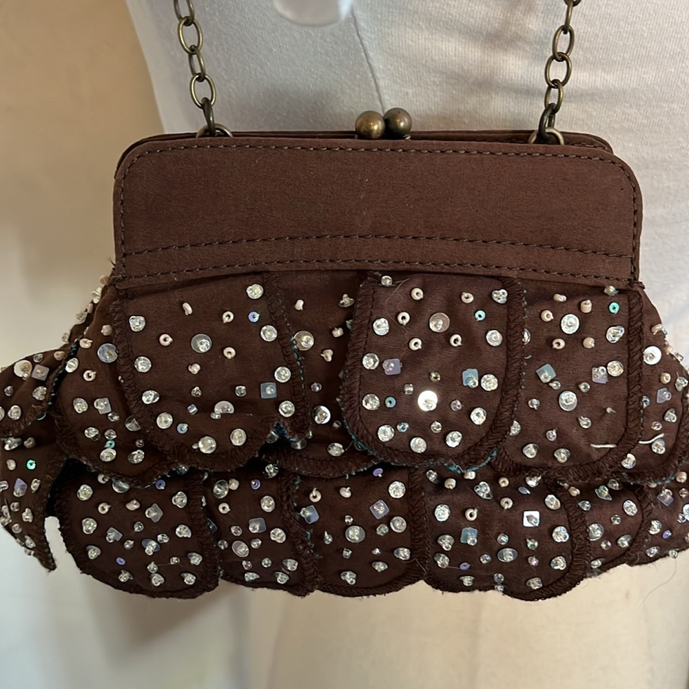 Vintage Gap Brown & Teal wristlet w/sequins & beads gold/brass frame clasp - Picture 12 of 17